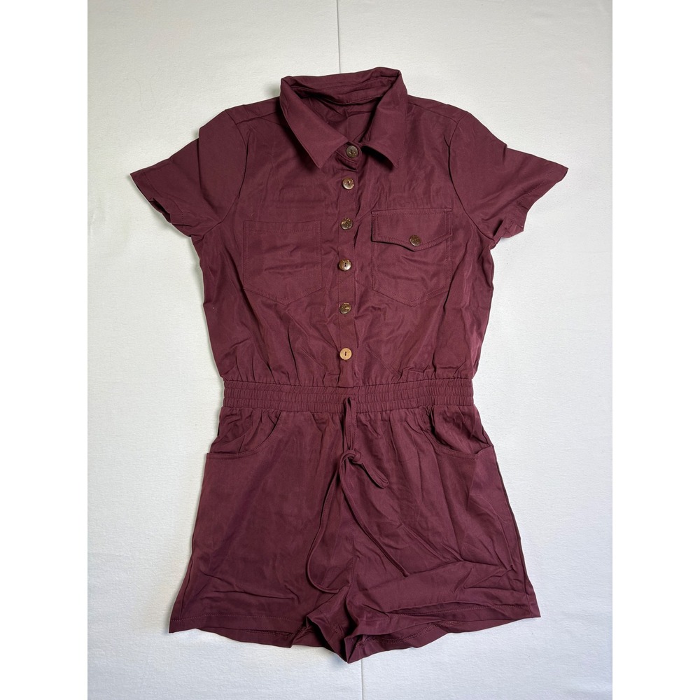 SHEIN Womens Burgundy Short Sleeve Button Up Utility Romper Medium Drawstring